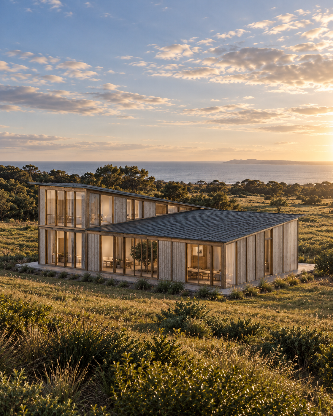 Render exterior de Casa AFTHONIA integrada al paisaje